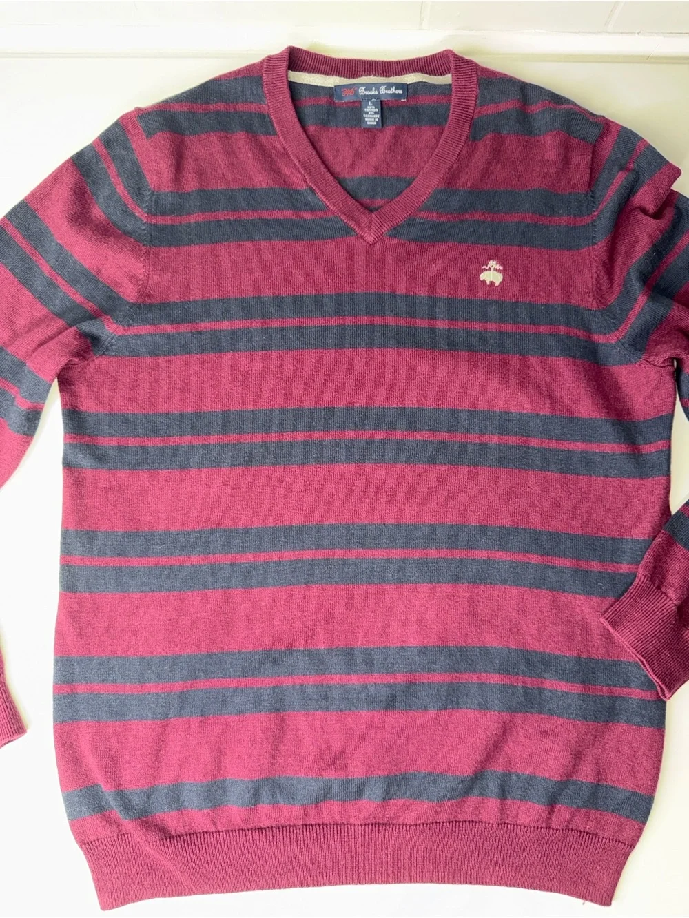 Brooks Brothers Burgundy and Charcoal Striped V-Neck Sweater